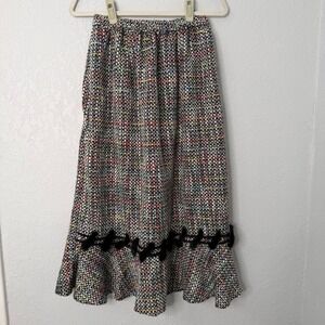 Vintage 90s Bouclé Tweed Skirt Drop Waist Flounce Hem Fur Tassel Trim
